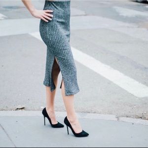 Grey Rib Knit Midi Skirt with Slit